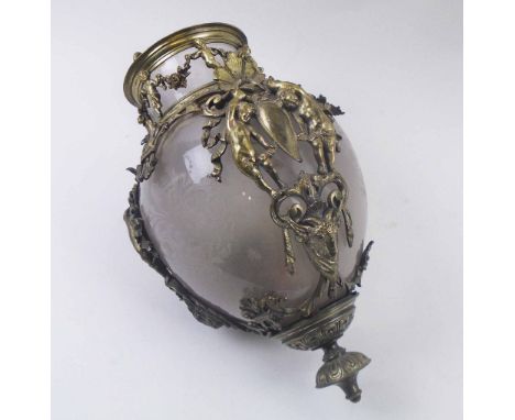 VICTORIAN PENDANT LIGHT FITTING, of tear drop form with engraved shade and gilt metal framework, cast cherubs, ramshead and f