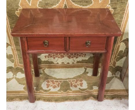 SIDE TABLE, Chinese, red lacquer, with two frieze drawers, 45cm x 41cm x 84cm H. (with faults)