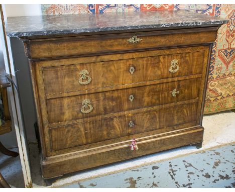 COMMODE, Louis Philippe mahogany with a grey marble top above four long drawers, 99cm H x 132cm W x 60cm D. (with faults, som
