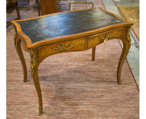 BUREAU PLAT, 19th century French, Louis XV design, kingwood and gilt metal mounted, with tooled black hide, two frieze drawer