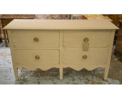 DOUBLE CHEST, Vintage grey painted with four short drawers and tapering supports, 85cm H x 150cm x 50cm D.