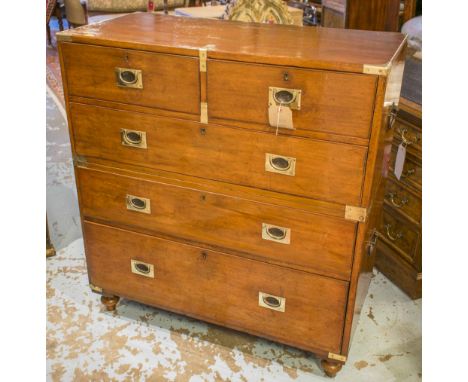 CAMPAIGN CHEST, 19th century English mahogany and brass bound, in two sections, with two short and three long drawers, 108cm 
