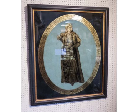 VERRE EGLOMISE PRINT OF A LADY, in gilt against a turquoise oval frame, 73cm x 88cm H. (with faults)