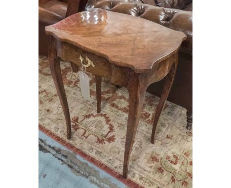 LAMP TABLES, a pair, French, Louis XV style, walnut, rosewood and foliate marquetry, each with frieze drawer, 55cm x 39cm x 7