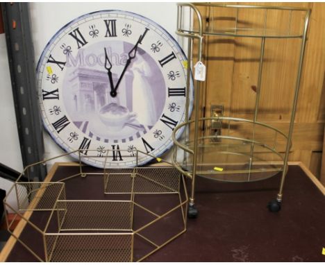 Metal and glass side table on castors, metal wall hanging shelf and large ornamental clock