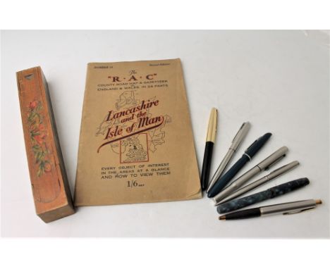 RAC Road map, second edition No 18 with a pencil box and collection of fountain pens