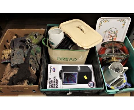 Three boxes of fish tank ornaments, boxed speaker, enamel bread bin, crockery etc