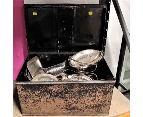 Metal trunk of plated ware, trays, dishes etc