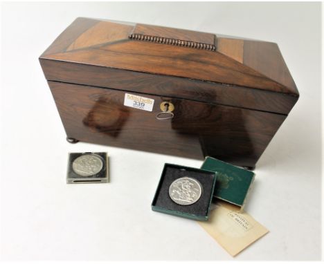 Wooden tea caddy with glass bowl insert and two Festival Of Britain coins