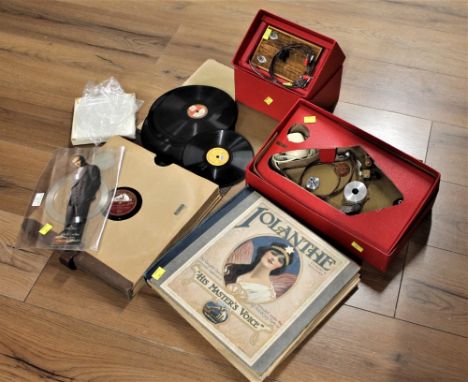 Two boxed Gramdeck pre amplifier control unit and microphone, and a collection of Bakelite records and Phil Collins picture d