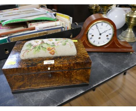 Veneered sewing box with tapestry top and a Rapport mantle clock