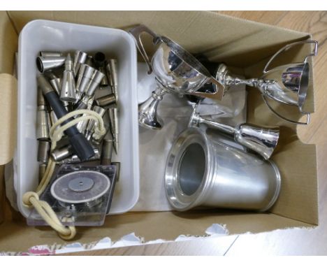 Small box of metalware including trophies, tankard and compass etc