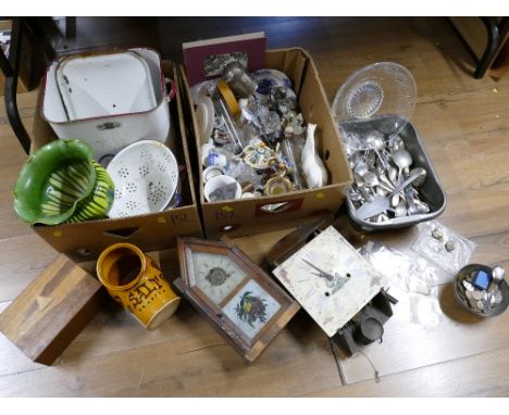 Three boxes of crockery, enamel bread bin, clocks, wooden boxes, glassware, cutlery etc