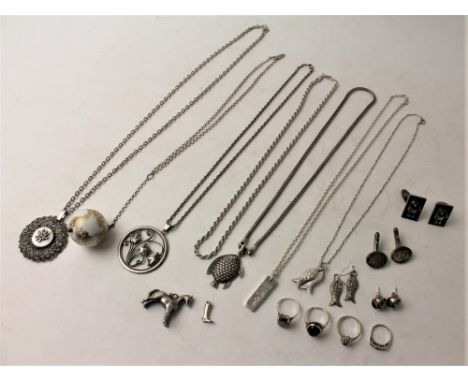 Collection of silver and white metal necklaces, pendants, cufflinks, rings, earrings etc