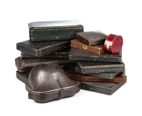 A GROUP OF JEWELLERY AND CUTLERY BOXES including a C.J. Gowland upright round red leather bangle box; a James Crichton &amp; 