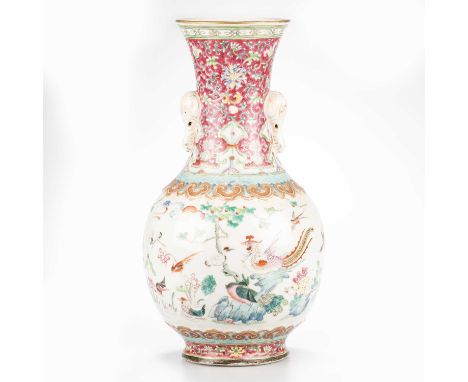 A CHINESE FAMILLE ROSE VASE, REPUBLIC the flared neck with applied elephant handles, the ovoid body enamel painted with birds