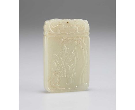 A JADE PLAQUE carved with three figures beneath a peach tree to one side, and script to the other. 5.2cm by 3.3cmGood conditi