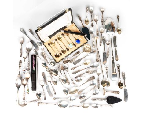 A GROUP OF SILVER AND PLATED ITEMS including seven silver-gilt and enamel coffee bean spoons, cased; Gerity reproduction silv