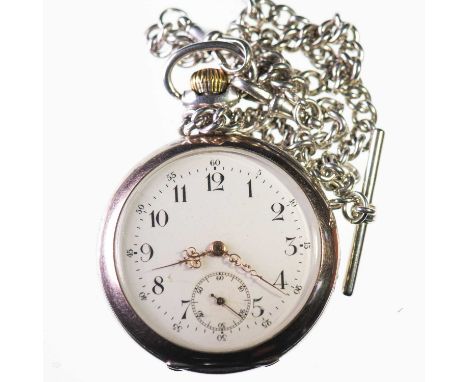 AN OPEN FACE POCKET WATCH WITH A DOUBLE ALBERT CHAIN the circular white enamel dial with black Roman index and outer minute m