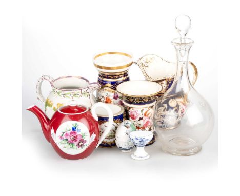 A COLLECTION OF CERAMICS AND GLASS including a 19th Century glass decanter, engraved with coronets and monogram, 27cm high; a