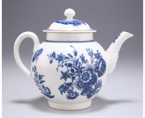 A CAUGHLEY BLUE AND WHITE TEAPOT AND COVER, CIRCA 1780 printed with The Three Flowers pattern, blue C mark. 12cm highChip to 