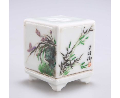 A CHINESE INCENSE BURNER, REPUBLICAN PERIOD square, enamel painted with flowers and foliage, bears an iron-red mark. 5.3cm hi