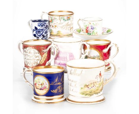 A COLLECTION OF COALPORT AND OTHER ENGLISH MUGS AND CUPS including loving cups, many inscribed and dated. (9) Tallest 13.5cmO