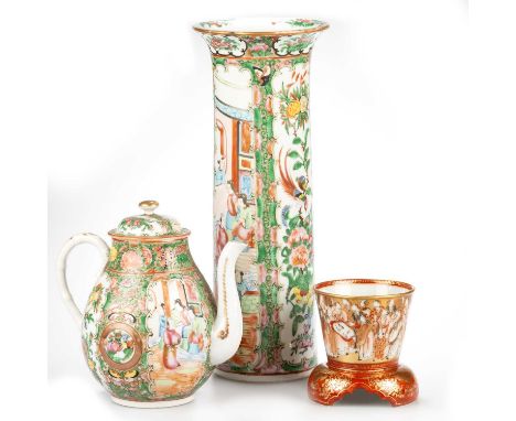 A CHINESE FAMILLE ROSE SLEEVE VASE, 19TH CENTURY 34.5cm high; a Famille Rose teapot, with bamboo-moulded handle, 18cm high; a