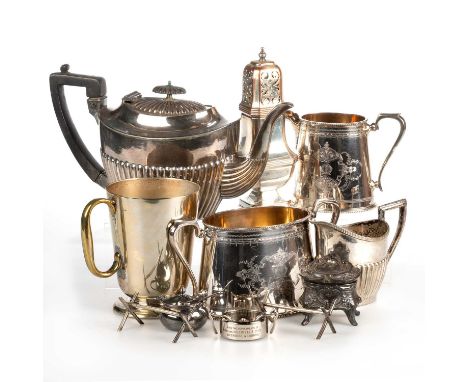 A MIXED GROUP OF SILVER-PLATED ITEMS § including a caster, cutlery, teapot, etc. (Qty) Teapot is 28cm wide