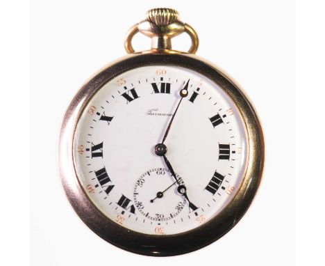A GOLD FILLED OPEN FACE TAVANNES POCKET WATCH the circular white enamel dial with black Roman indices and outer minute track 