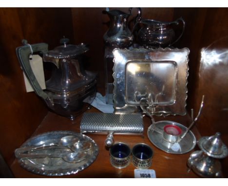 A Shelf of Silver Plate, to include a coffee pot, salts, etc.