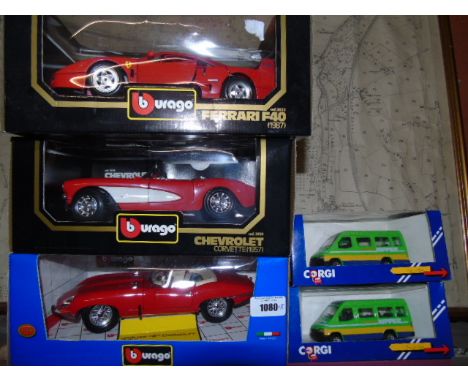Three Burago Die-Cast Model Cars, Ferrari, Chevrolet, Jaguar E and two Corgi Transit Buses.