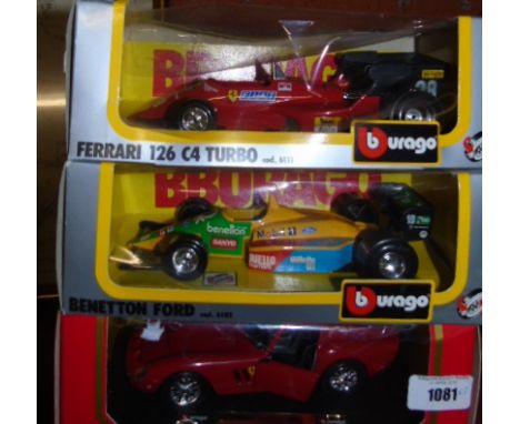 Three Burago Die-Cast Model Cars, a Benetton Ford, a Ferrari 126 and a Ferrari 250 GTO (1962).