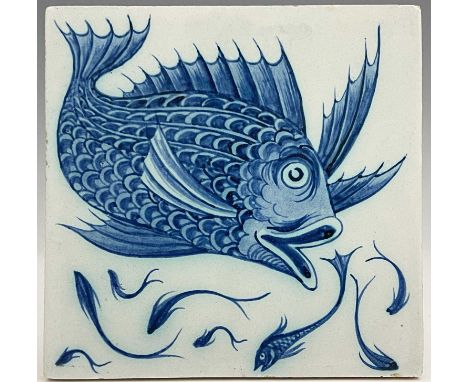 William De Morgan, an Arts and Crafts blue and white tile, circa 1880, painted with a large characterful fish with spiny fins