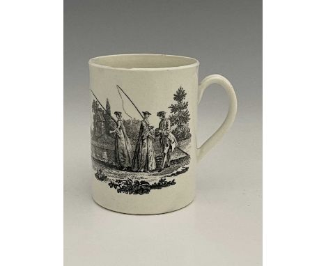 A Worcester black and white transfer printed cylindrical mug, circa 1765, printed with the Whitton Angler to one side, the re