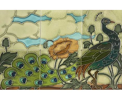 Pilkington (attributed), an Arts and Crafts six tile panel, circa 1900, tubelined, depicting a peacock and poppies in landsca