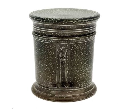 Steve Harrison, a studio pottery salt glazed stoneware jar and cover, 1995, cylindrical caddy form with concentric banding, b
