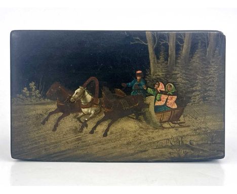 Am Imperial Russian lacquered papier mache tea caddy, Vishniakov, circa 1900, cuboid form, the hinged lid painted with a wood