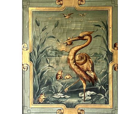 Circle of Walter Crane, circa 1880, a stork standing amongst waterlilies with frogs in the Aesthetic Movement style, oil and 