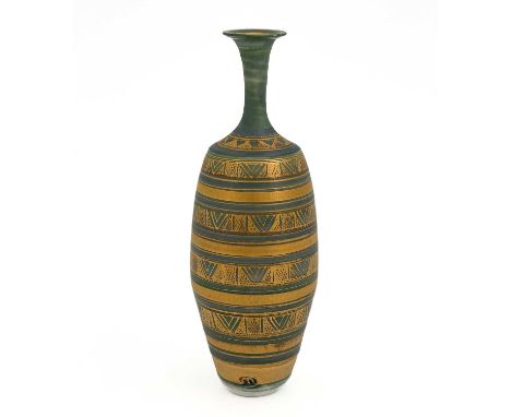 Mary Rich, a studio porcelain vase, elongated shouldered bottle form, painted with concentric bands of gilt and turquoise wit