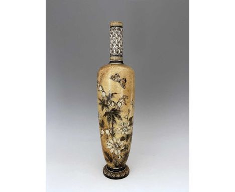 Edwin Martin for Martin Brothers, a large stoneware Wildflower vase, 1886, shouldered footed form with cylindrical neck, sgra