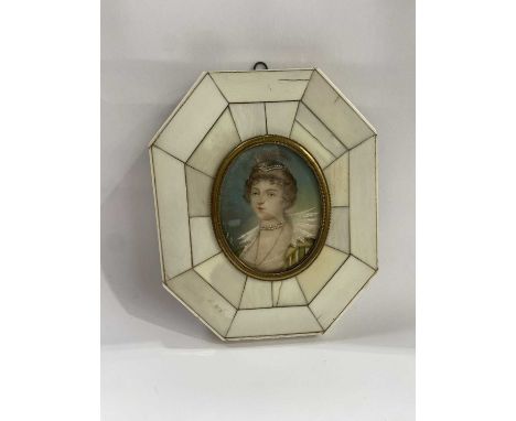 E.E., a 19th century portrait miniature painted to depict a young woman in 16th century dress, signed, on ivory, 4.3 by 5.5cm