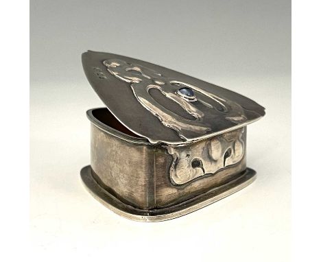 William Hutton and Sons, an Arts and Crafts silver and gem set box, London 1902, cushioned triangular form, the hinged lid wi