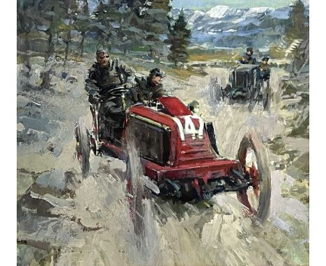 Peter J. Ashmore (British, 1923), 1902 Model K. Renault, Marcel Renault winning the 1902 Paris Vienna race, signed l.l., titl