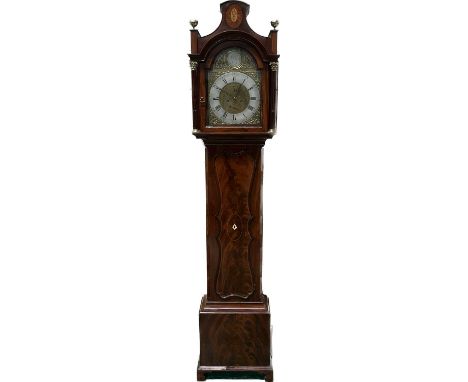 Cliff of Hull, a George III flame mahogany and inlaid longcase clock, arched caddy top with brass urn finials, brass dial wit