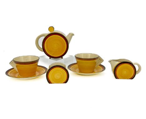 Clarice Cliff for Newport Pottery, an Original Bizarre Bonjour tea for two set, including teapot, jug and bowl, two conical c