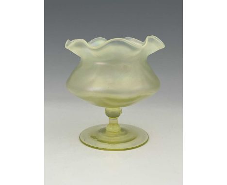 John Walsh Walsh, an Arts and Crafts straw opal glass pedestal vase, circa 1900, the swagged satin finish bowl with everted c