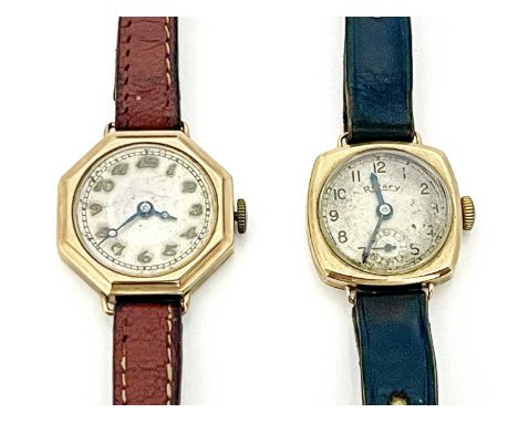 Two 9 carat gold ladies wrist watches, including Dennison and Rotay, circa 1930s, on leather straps (2)