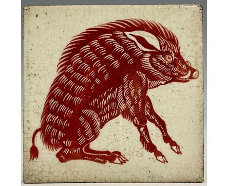 William De Morgan for Merton Abbey, an Arts and Crafts red lustre tile, circa 1885, painted with a boar, on plain white groun