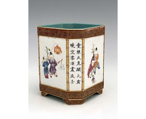 A Chinese famille rose brush pot, Qianlong mark, canted cuboid form with relief moulded bamboo edges, each side painted with 